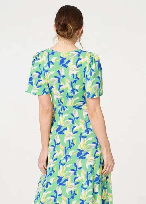 Izabel London Green Printed Belt Detail Wrap Midi Dress