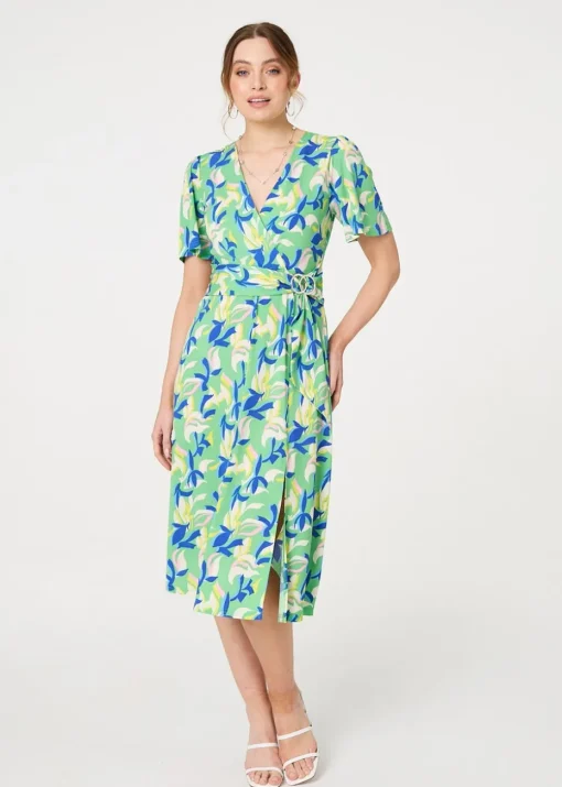 Izabel London Green Printed Belt Detail Wrap Midi Dress