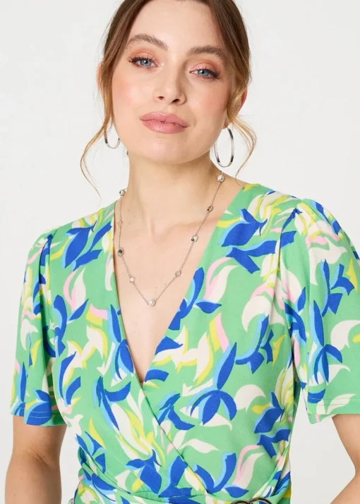 Izabel London Green Printed Belt Detail Wrap Midi Dress