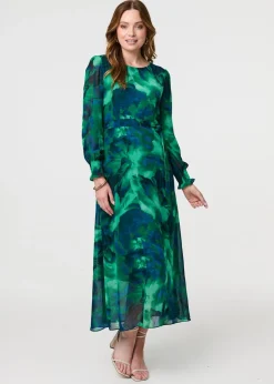 Izabel London Green Printed Long Sleeve Chiffon Midi Dress
