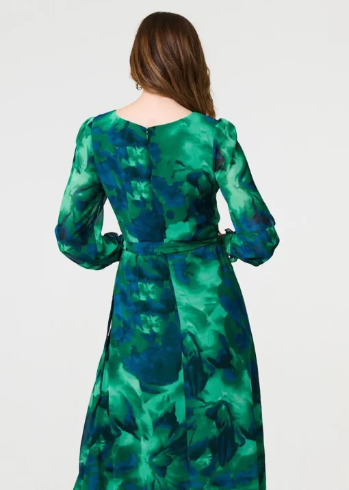 Izabel London Green Printed Long Sleeve Chiffon Midi Dress