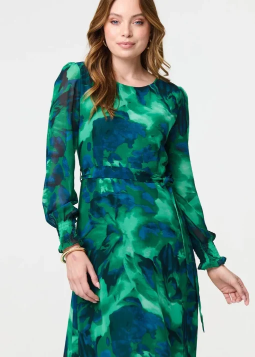 Izabel London Green Printed Long Sleeve Chiffon Midi Dress
