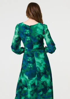 Izabel London Green Printed Long Sleeve Chiffon Midi Dress