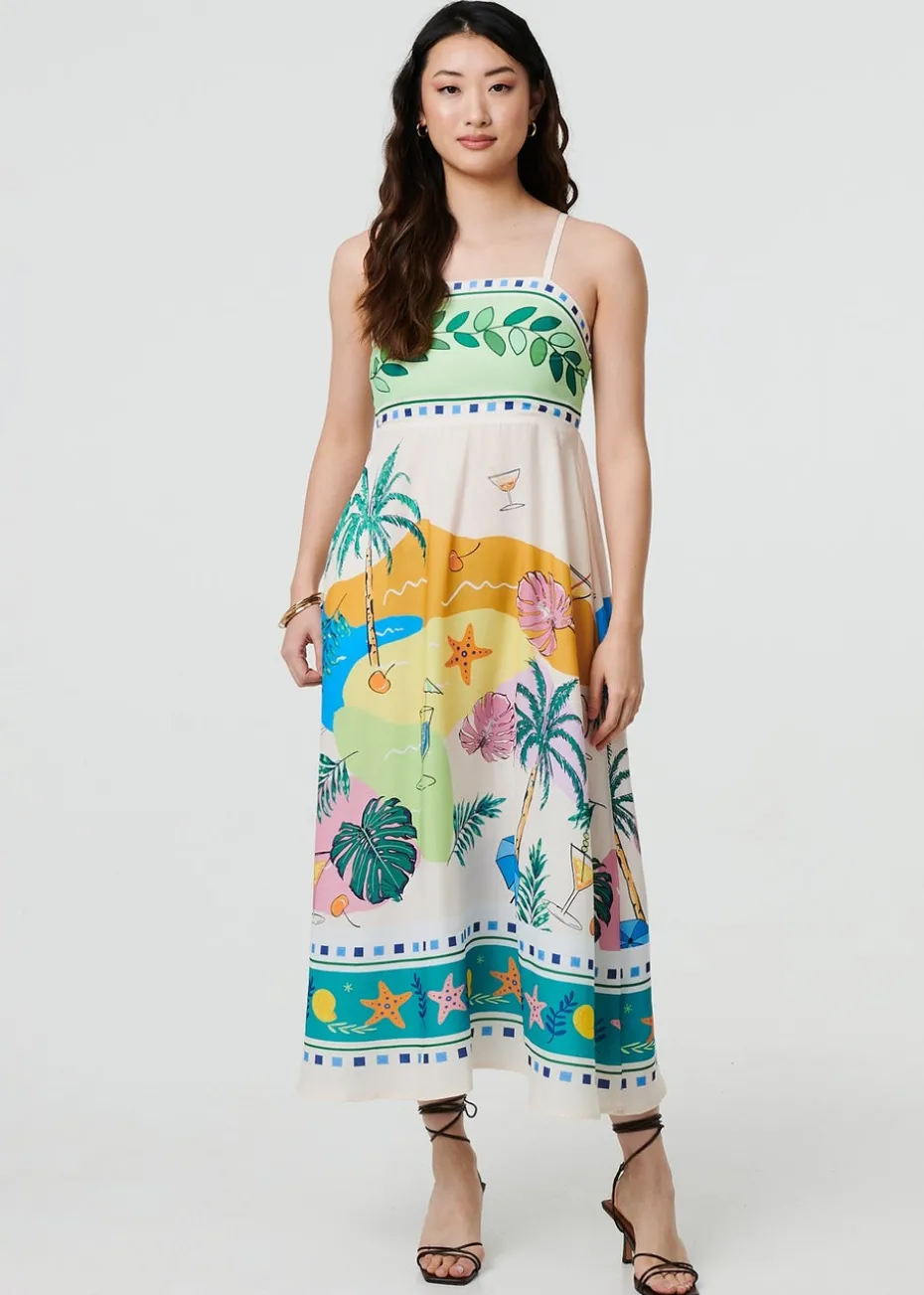 Izabel London Green Printed Sleeveless Empire Midi Dress