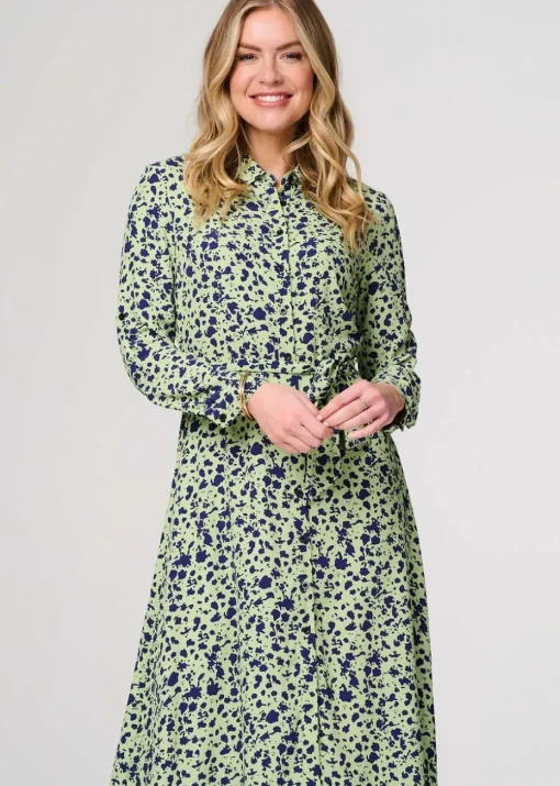 Izabel London Green Printed Long Sleeve Midi Shirt Dress