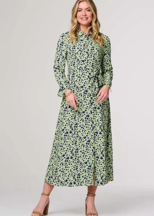 Izabel London Green Printed Long Sleeve Midi Shirt Dress