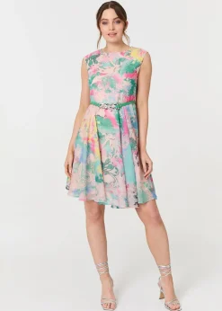 Izabel London Green Printed Sleeveless Short Skater Dress