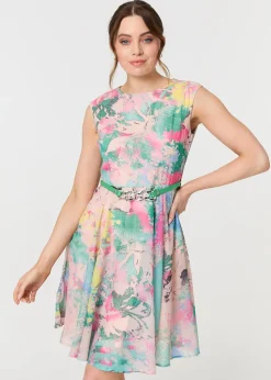 Izabel London Green Printed Sleeveless Short Skater Dress