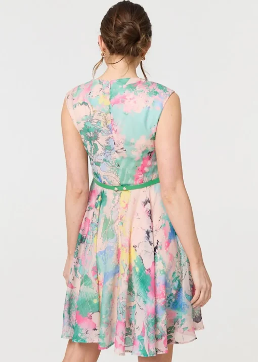 Izabel London Green Printed Sleeveless Short Skater Dress