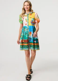 Izabel London Green Printed Puff Sleeve Short Shirt Dress