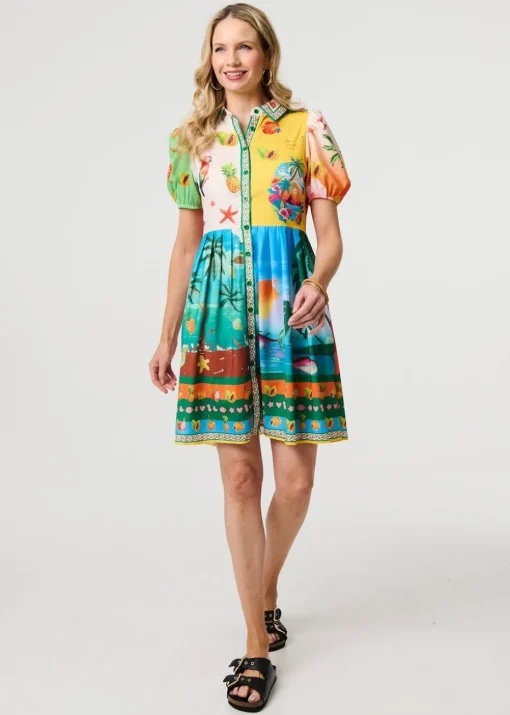 Izabel London Green Printed Puff Sleeve Short Shirt Dress