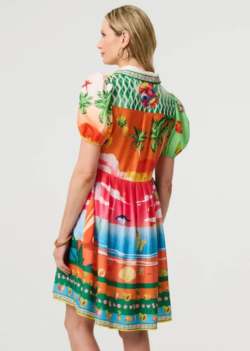 Izabel London Green Printed Puff Sleeve Short Shirt Dress