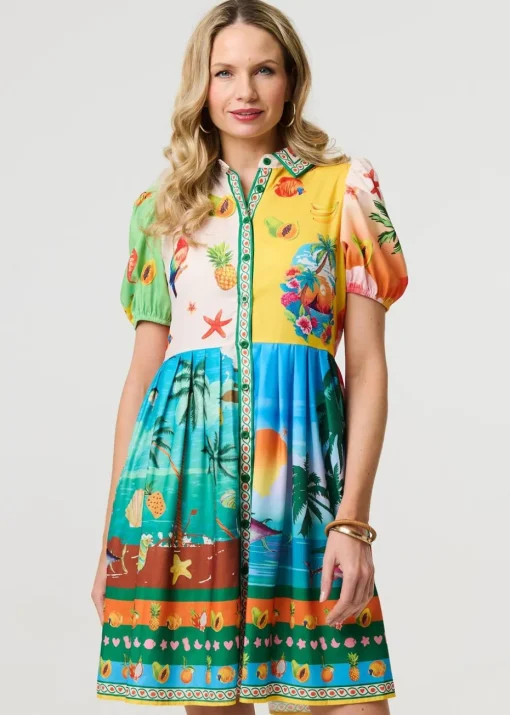 Izabel London Green Printed Puff Sleeve Short Shirt Dress