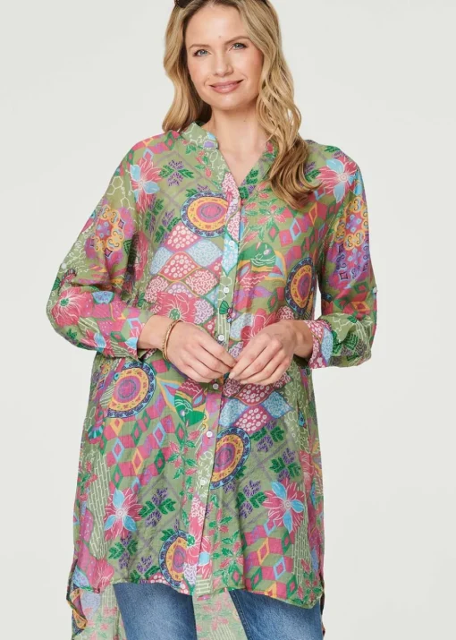 Izabel London Green Printed Semi Sheer Longline Blouse