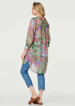 Izabel London Green Printed Semi Sheer Longline Blouse