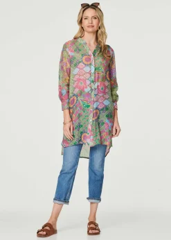 Izabel London Green Printed Semi Sheer Longline Blouse