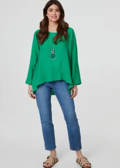 Izabel London Green Ruffle Curved Hem Long Sleeve Blouse