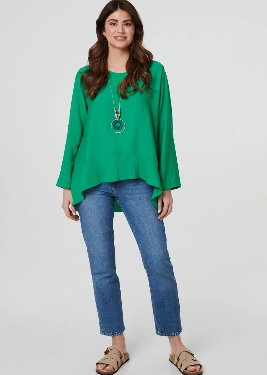 Izabel London Green Ruffle Curved Hem Long Sleeve Blouse