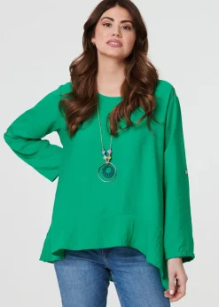 Izabel London Green Ruffle Curved Hem Long Sleeve Blouse