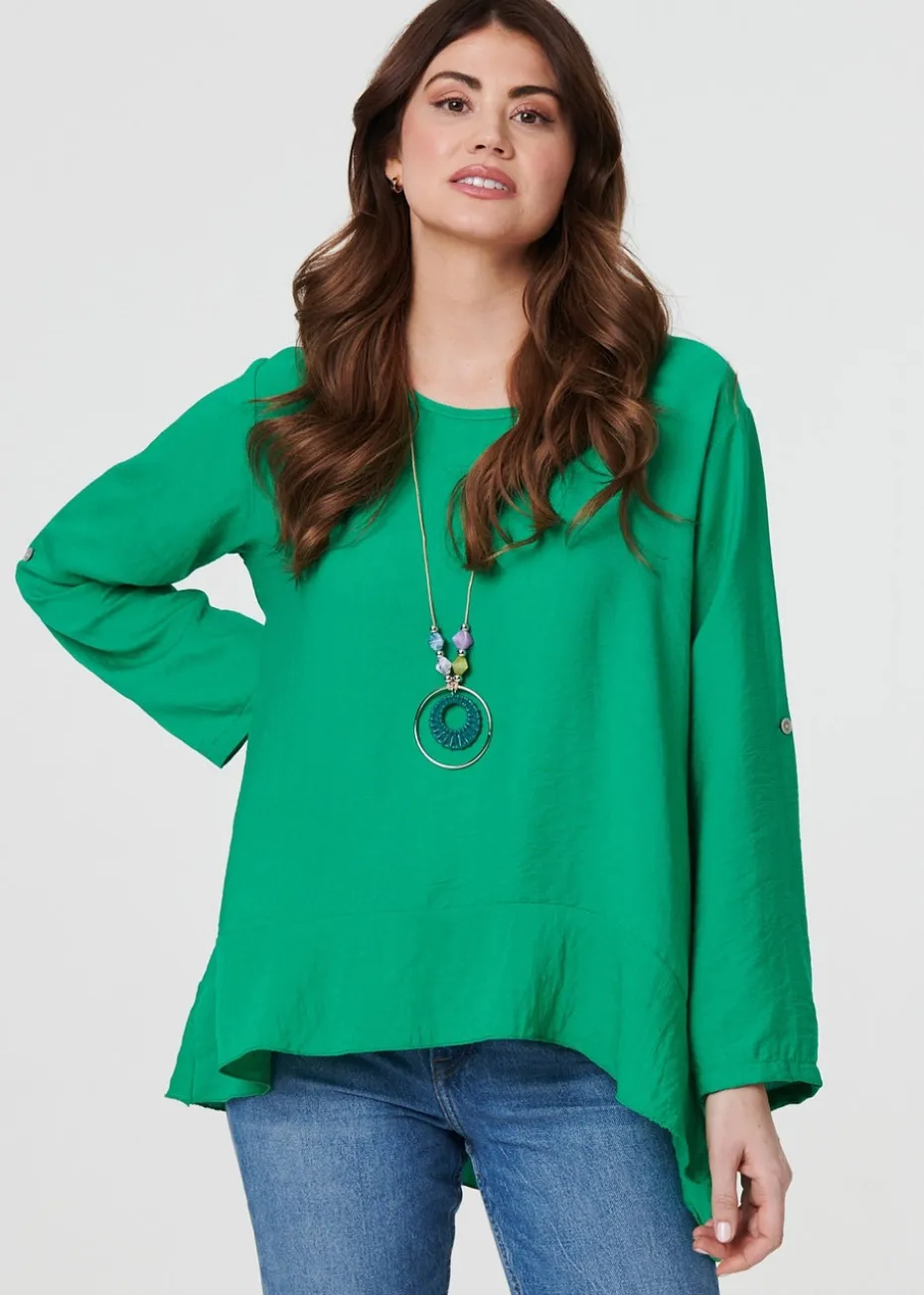 Izabel London Green Ruffle Curved Hem Long Sleeve Blouse