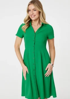 Izabel London Green Short Sleeve Knee Length Shirt Dress