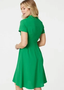 Izabel London Green Short Sleeve Knee Length Shirt Dress