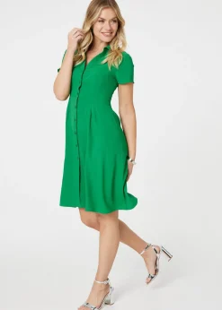 Izabel London Green Short Sleeve Knee Length Shirt Dress