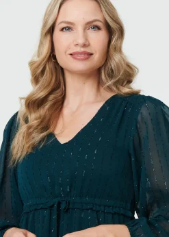 Izabel London Green Sparkly Semi Sheer Long Sleeve Midi Dress