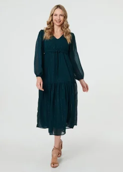 Izabel London Green Sparkly Semi Sheer Long Sleeve Midi Dress