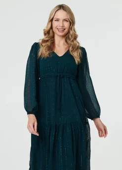 Izabel London Green Sparkly Semi Sheer Long Sleeve Midi Dress