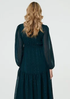 Izabel London Green Sparkly Semi Sheer Long Sleeve Midi Dress