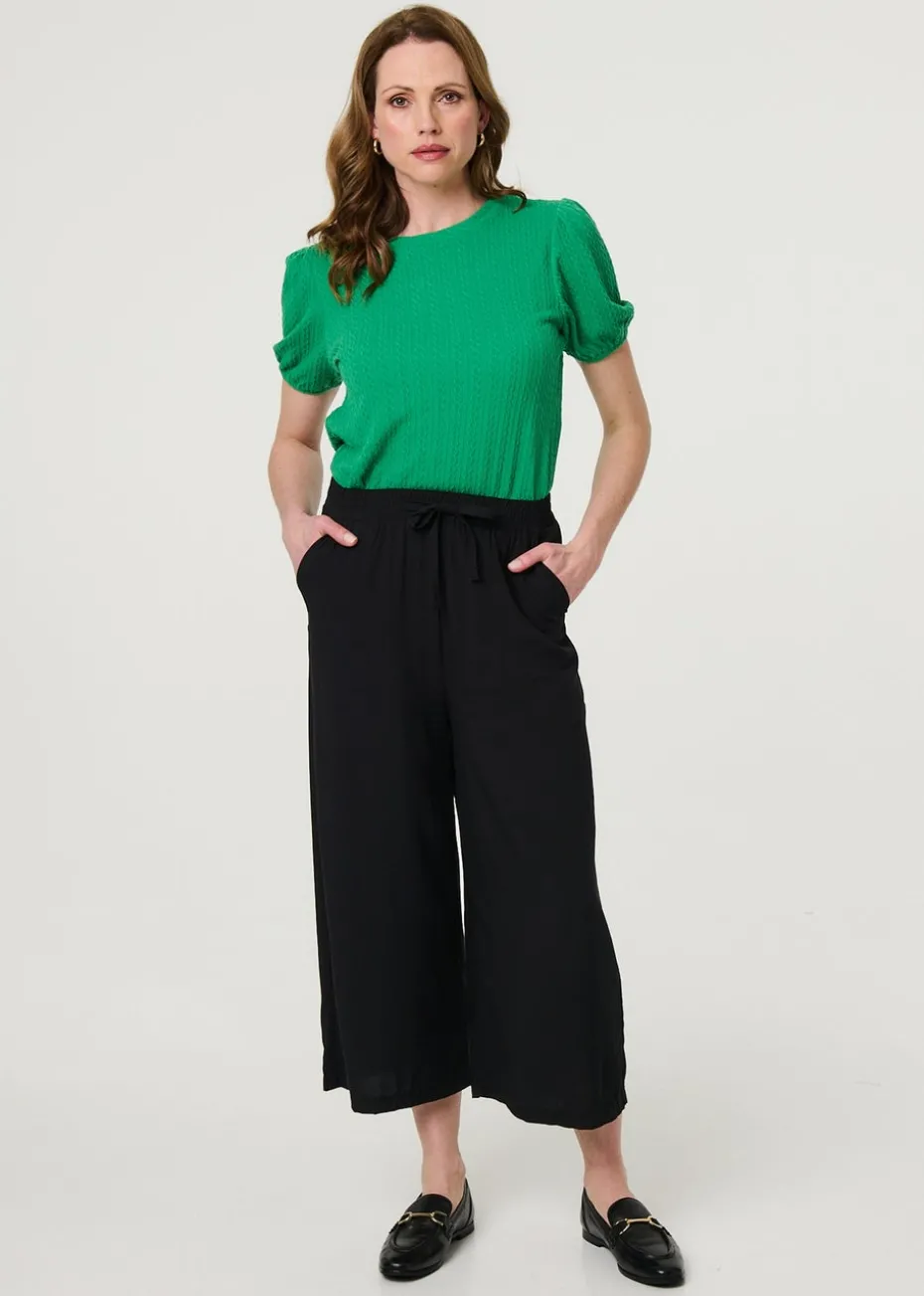 Izabel London Green Textured Knit Short Puff Sleeve Top