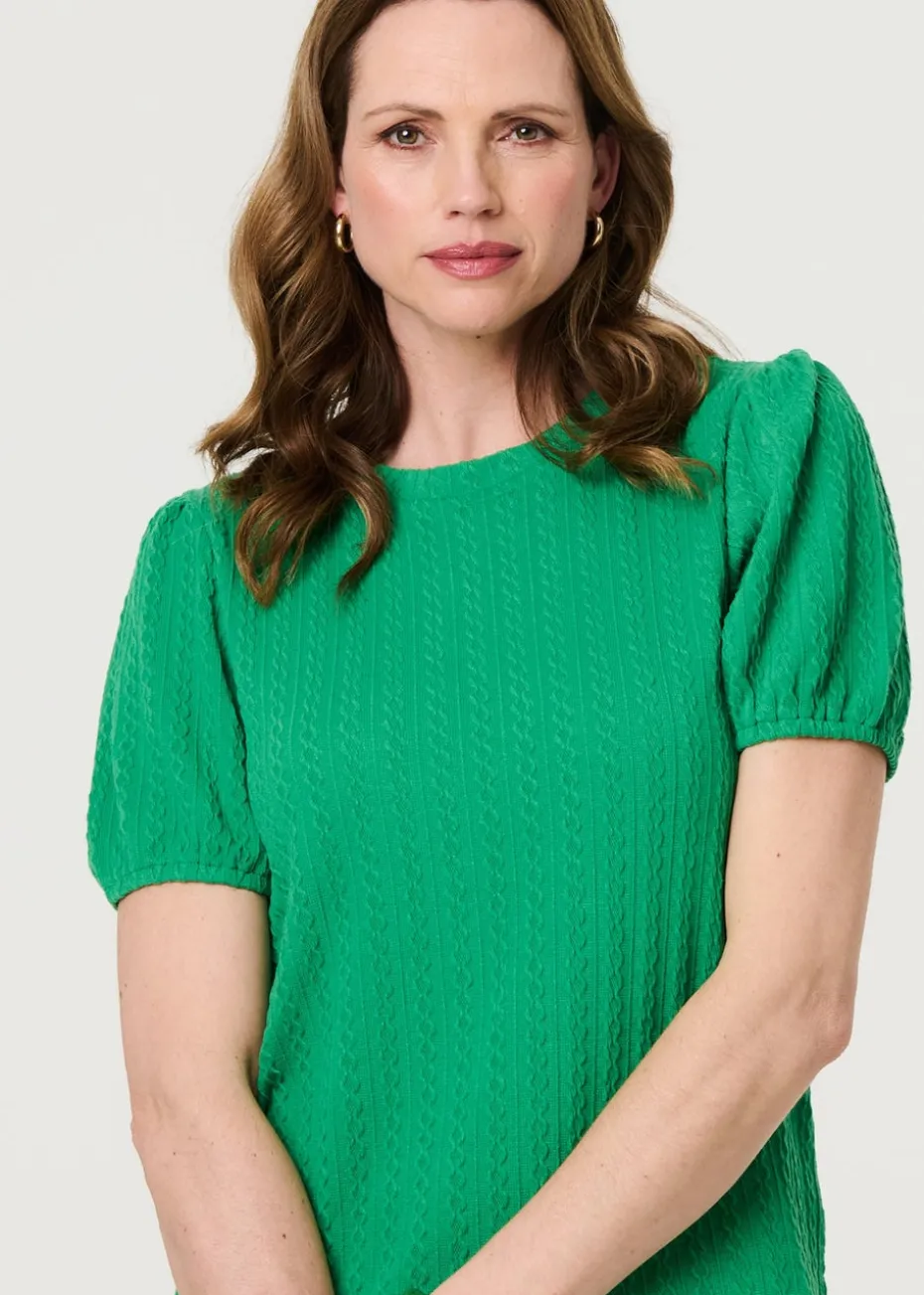 Izabel London Green Textured Knit Short Puff Sleeve Top