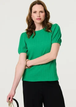 Izabel London Green Textured Knit Short Puff Sleeve Top
