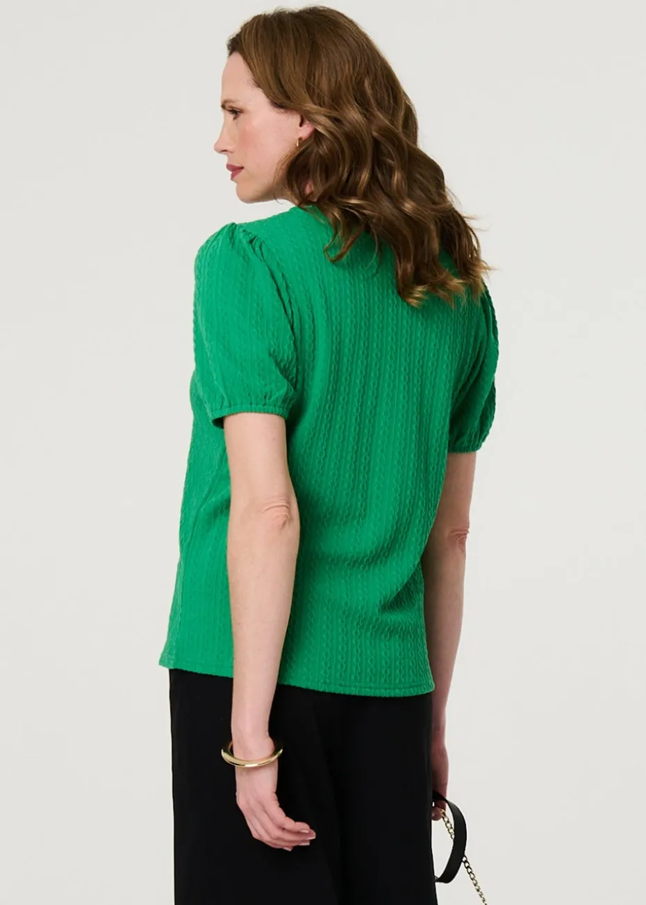 Izabel London Green Textured Knit Short Puff Sleeve Top