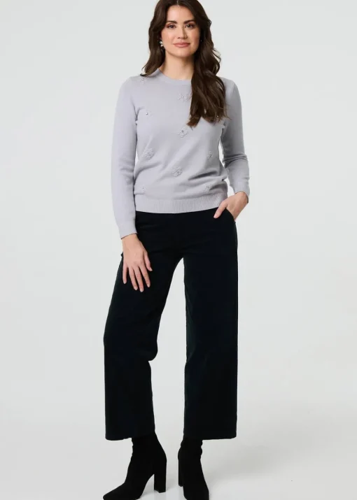 Izabel London Grey Floral Gemstone Embellished Jumper