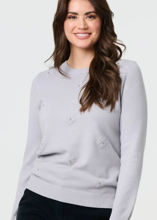 Izabel London Grey Floral Gemstone Embellished Jumper