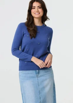 Izabel London Indigo Floral Gemstone Embellished Jumper