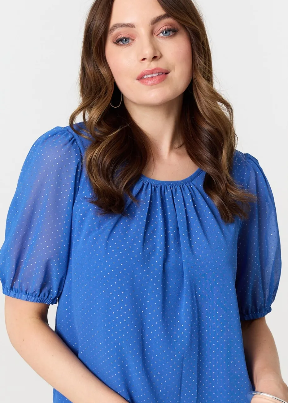 Izabel London Indigo Polka Dot Print Semi Sheer Blouse