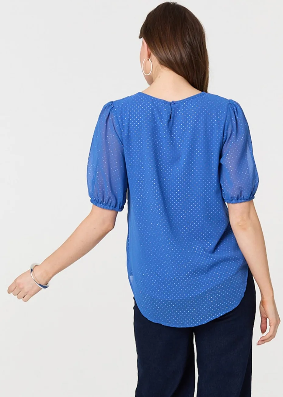 Izabel London Indigo Polka Dot Print Semi Sheer Blouse