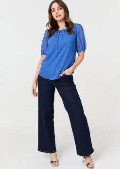 Izabel London Indigo Polka Dot Print Semi Sheer Blouse