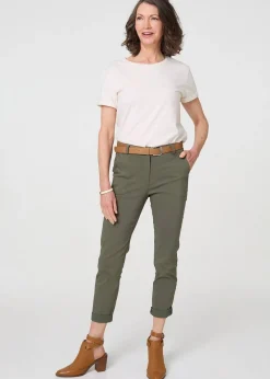 Izabel London Khaki Belt Detail Slim Fit Cropped Trousers
