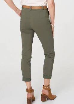 Izabel London Khaki Belt Detail Slim Fit Cropped Trousers