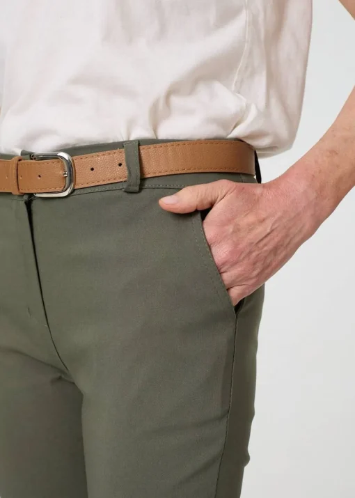 Izabel London Khaki Belt Detail Slim Fit Cropped Trousers