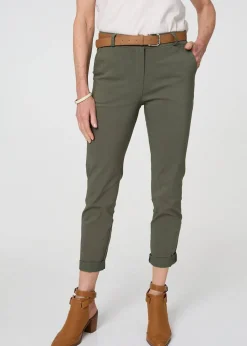 Izabel London Khaki Belt Detail Slim Fit Cropped Trousers