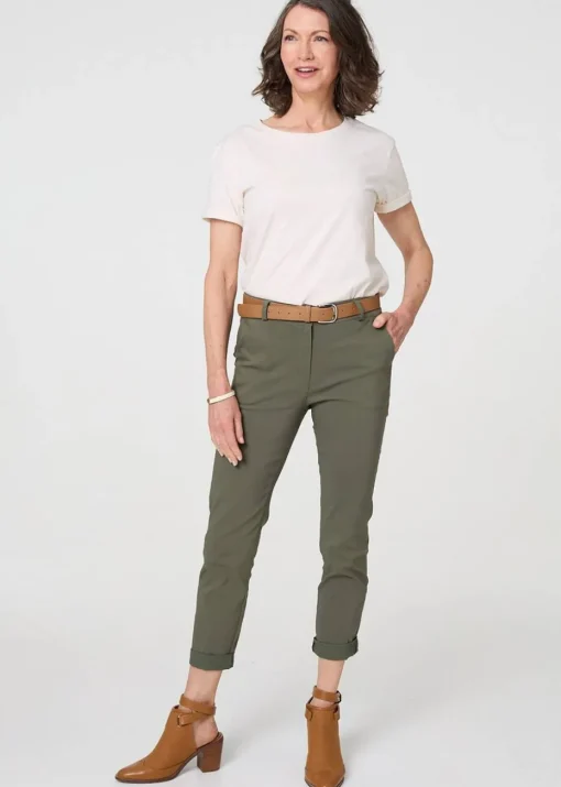 Izabel London Khaki Belt Detail Slim Fit Cropped Trousers