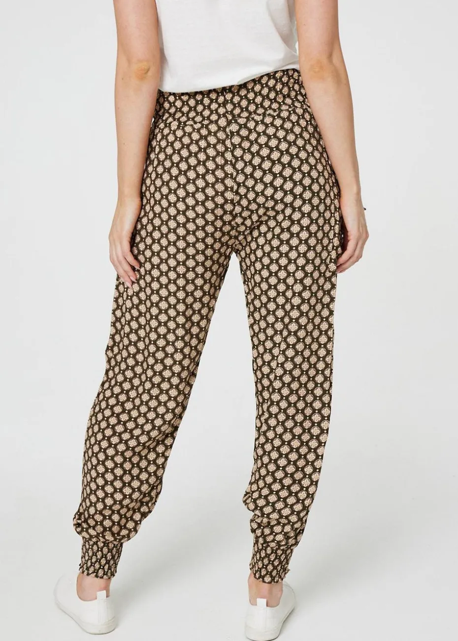 Izabel London Khaki Mosaic Print High Waist Harem Trousers