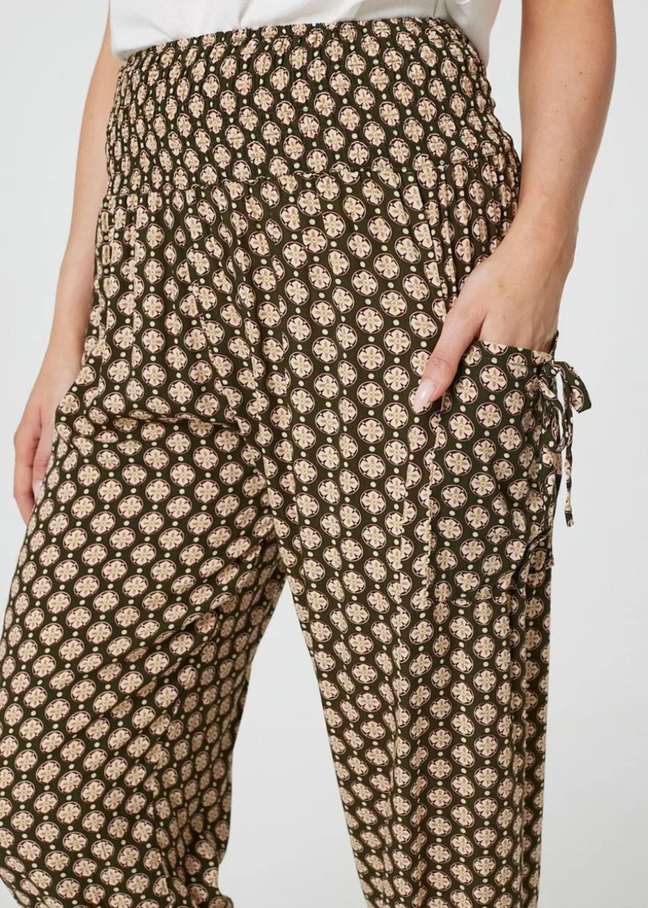 Izabel London Khaki Mosaic Print High Waist Harem Trousers