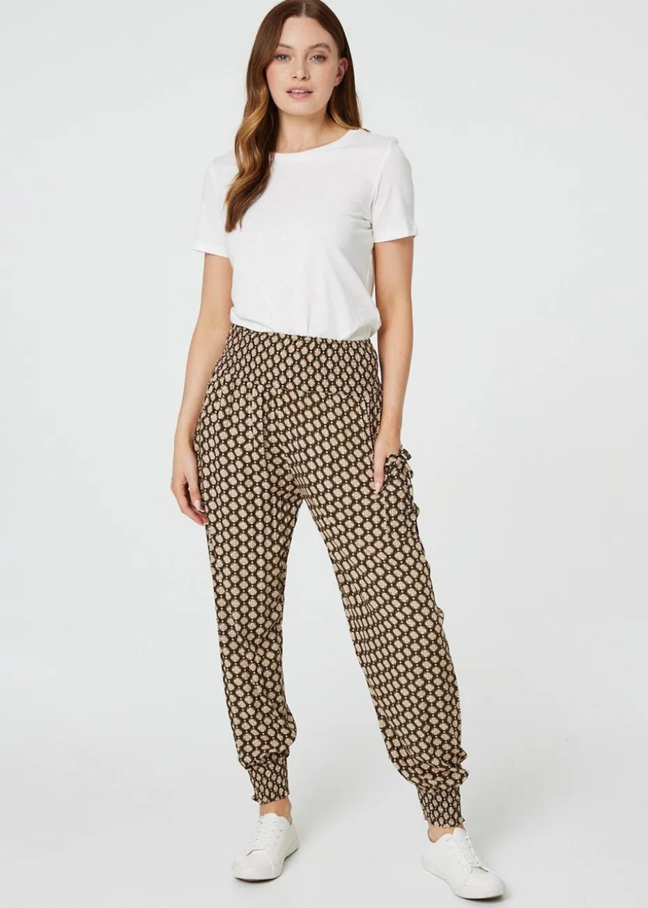 Izabel London Khaki Mosaic Print High Waist Harem Trousers