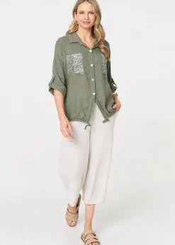 Izabel London Khaki Sequin Detail 3/4 Turn-Up Sleeve Shirt